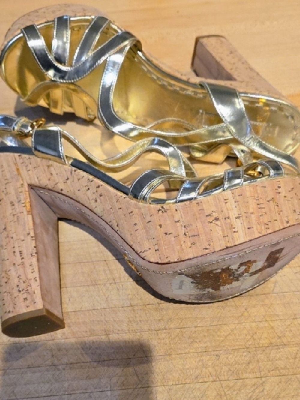 Prada Gold Silver Metallic Leather Cork Platform Heels Sandals Sz 41/10 US